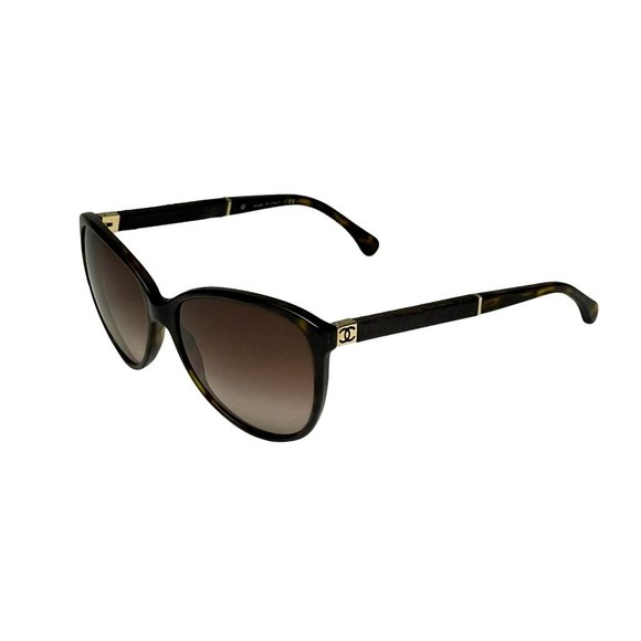 CHANEL Brown Tortoise & Leather Detail Cat Eye Sunglasses - Style: 5225
